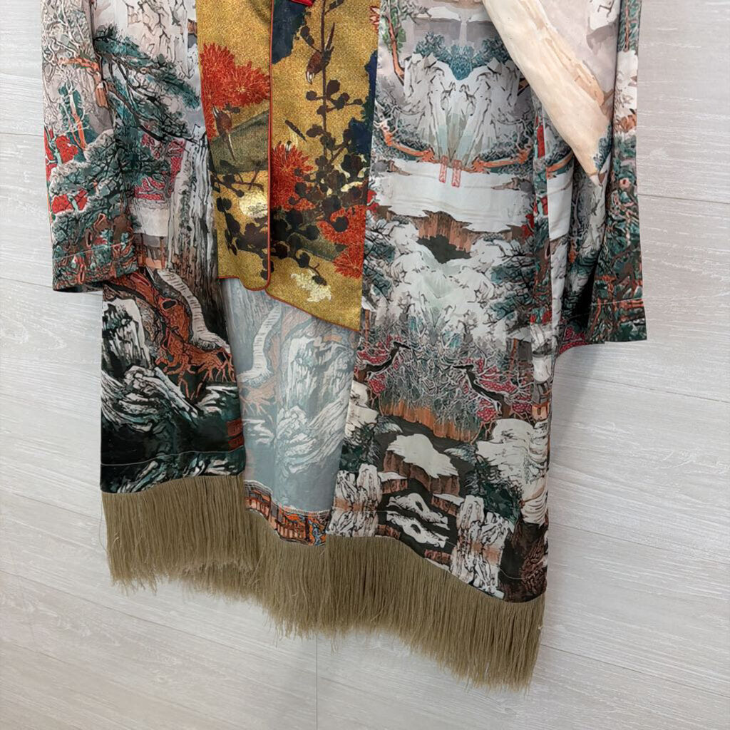 Ciel White/ Multi Print Silky Fringe Hem Jacket Top Medium