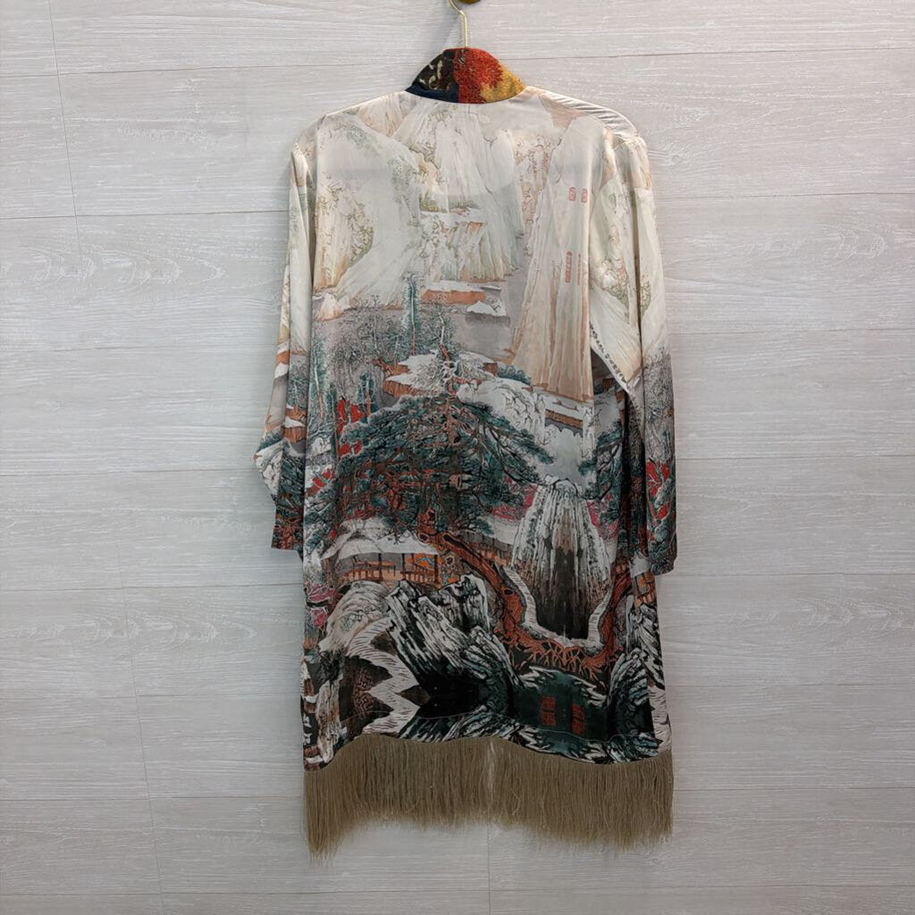 Ciel White/ Multi Print Silky Fringe Hem Jacket Top Medium