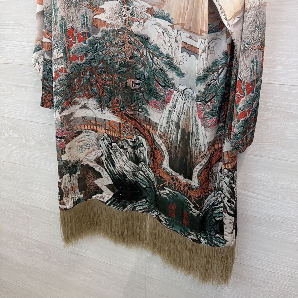 Ciel White/ Multi Print Silky Fringe Hem Jacket Top Medium