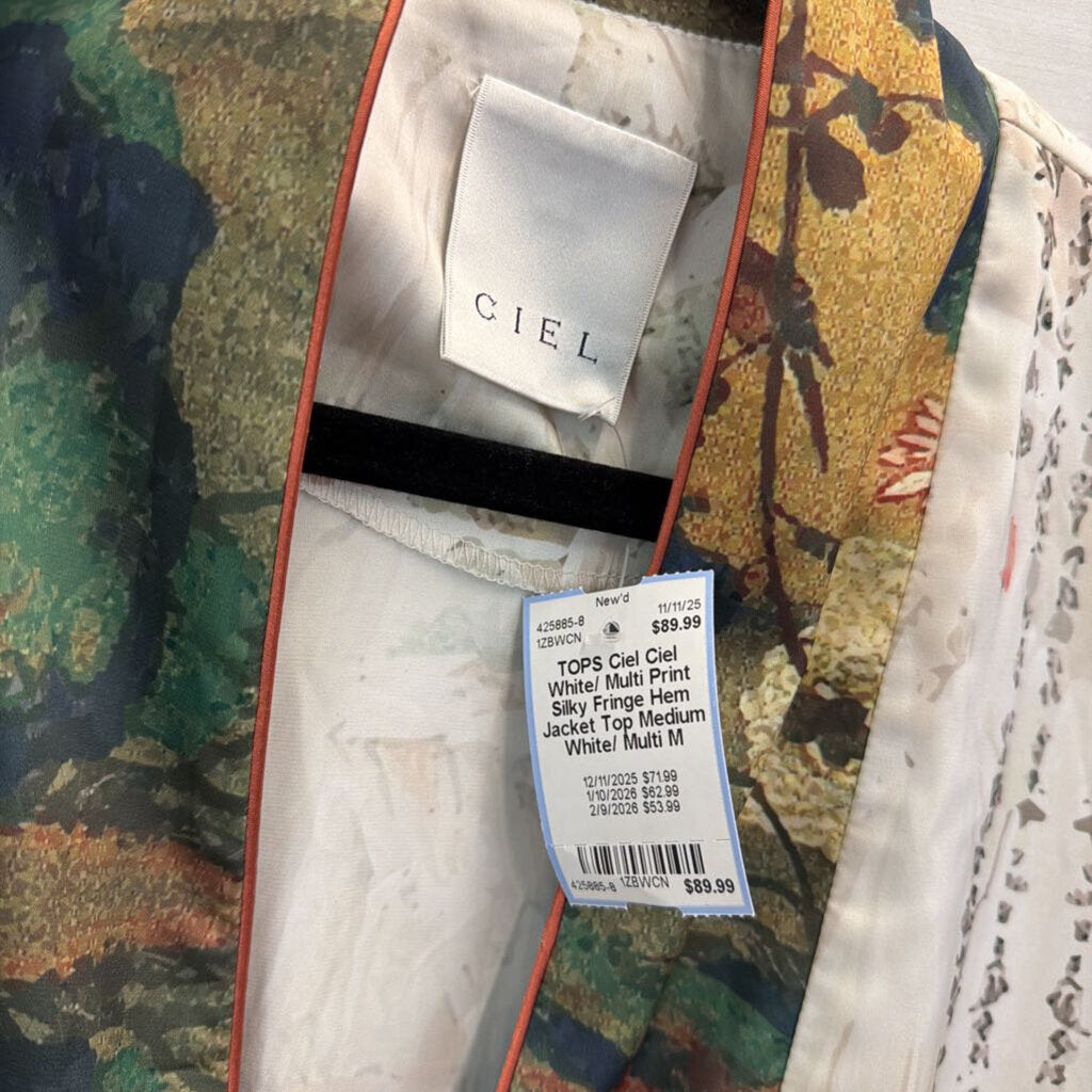 Ciel White/ Multi Print Silky Fringe Hem Jacket Top Medium