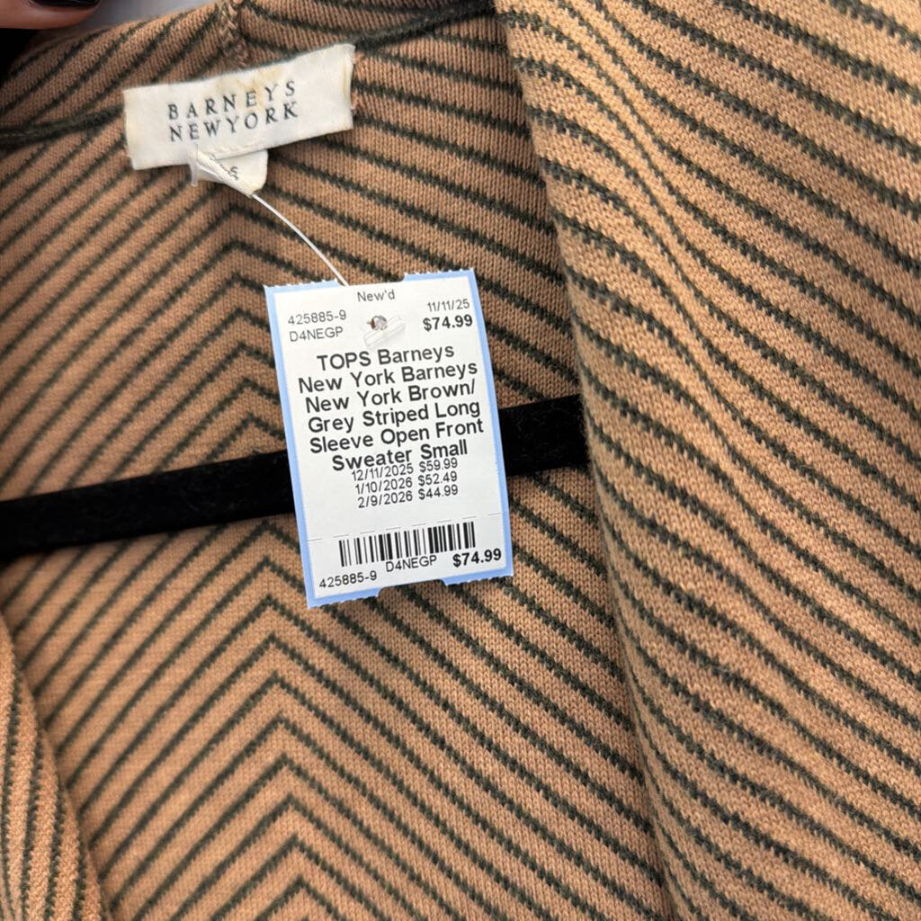 Barneys New York Brown/ Grey Striped Long Sleeve Open Front Sweater Small