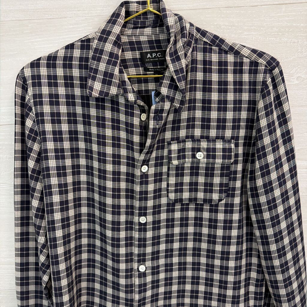 A.P.C. Navy/ White Plaid Long Sleeve Button Down Top Medium