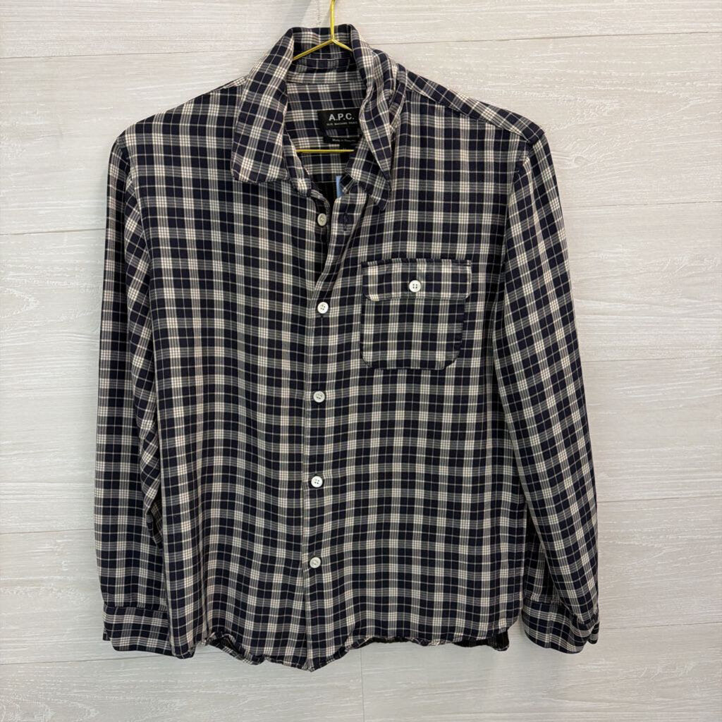 A.P.C. Navy/ White Plaid Long Sleeve Button Down Top Medium