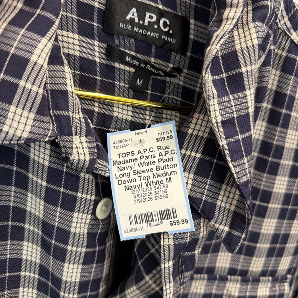 A.P.C. Navy/ White Plaid Long Sleeve Button Down Top Medium