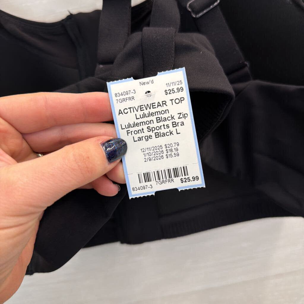 Lululemon Black Zip Front Sports Bra Large