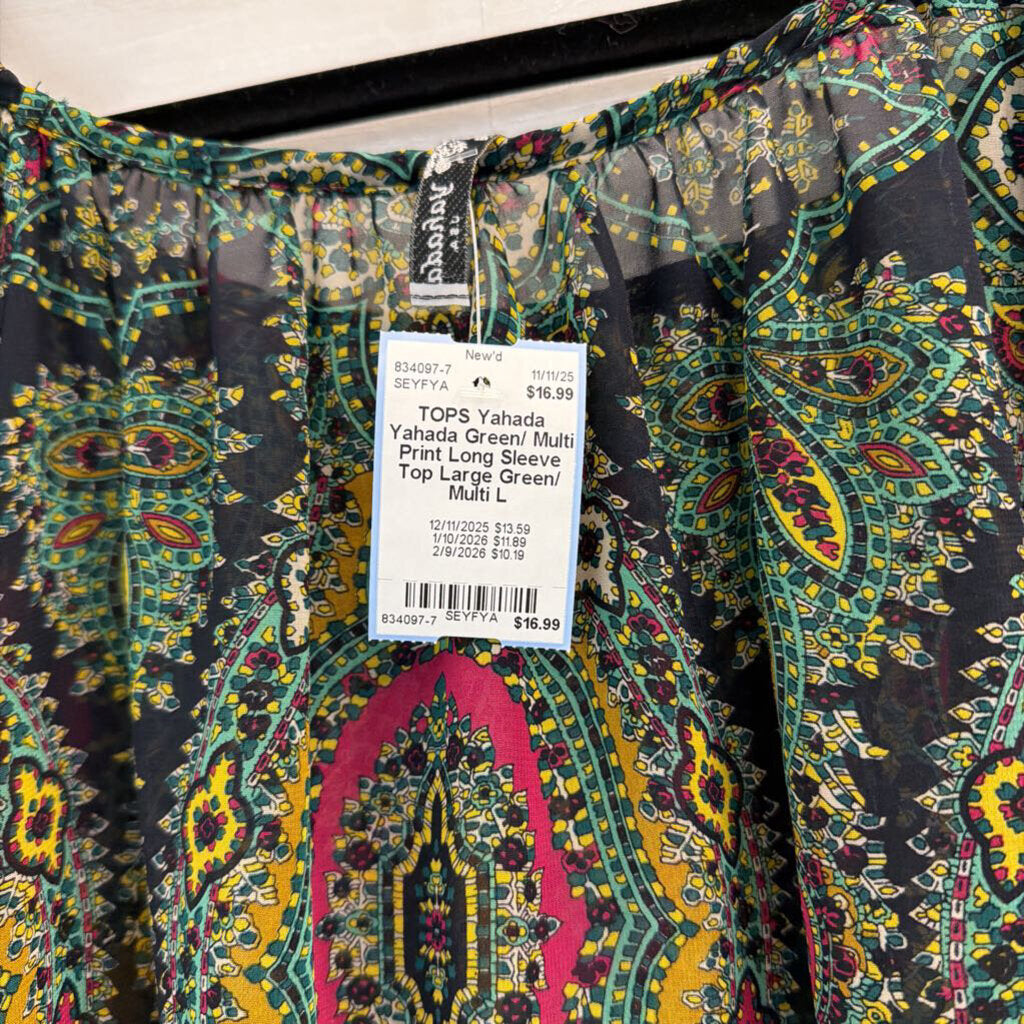 Yahada Green/ Multi Print Long Sleeve Top Large
