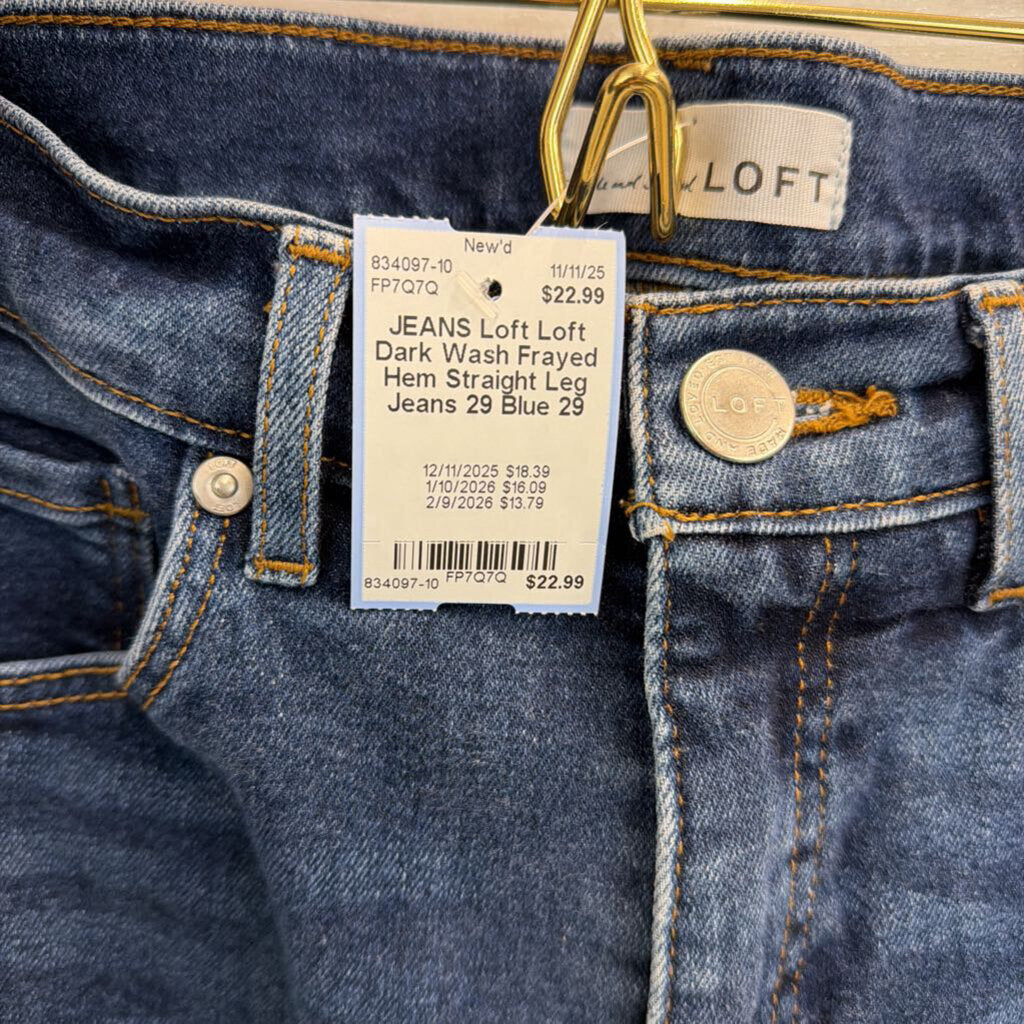 Loft Dark Wash Frayed Hem Straight Leg Jeans 29