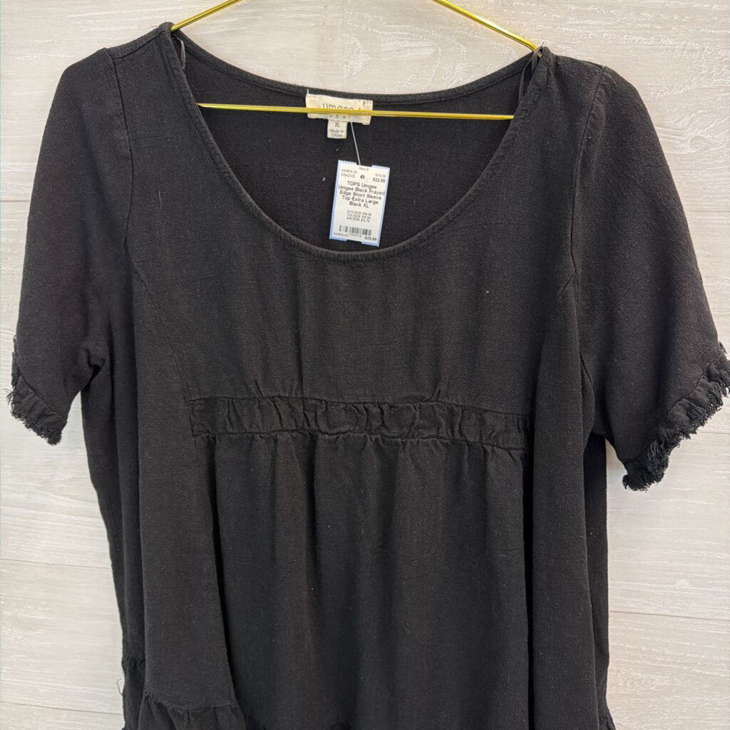 Umgee Black Frayed Edge Short Sleeve Top Extra Large
