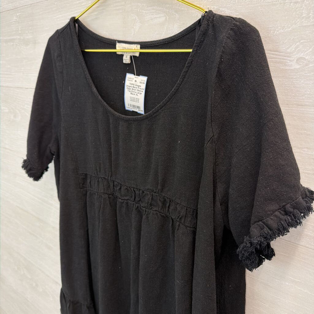 Umgee Black Frayed Edge Short Sleeve Top Extra Large