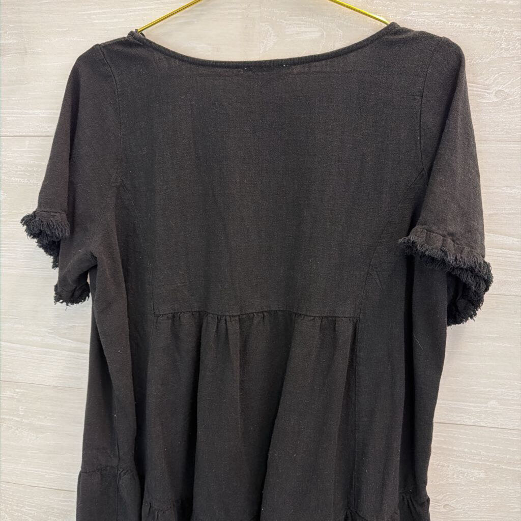 Umgee Black Frayed Edge Short Sleeve Top Extra Large