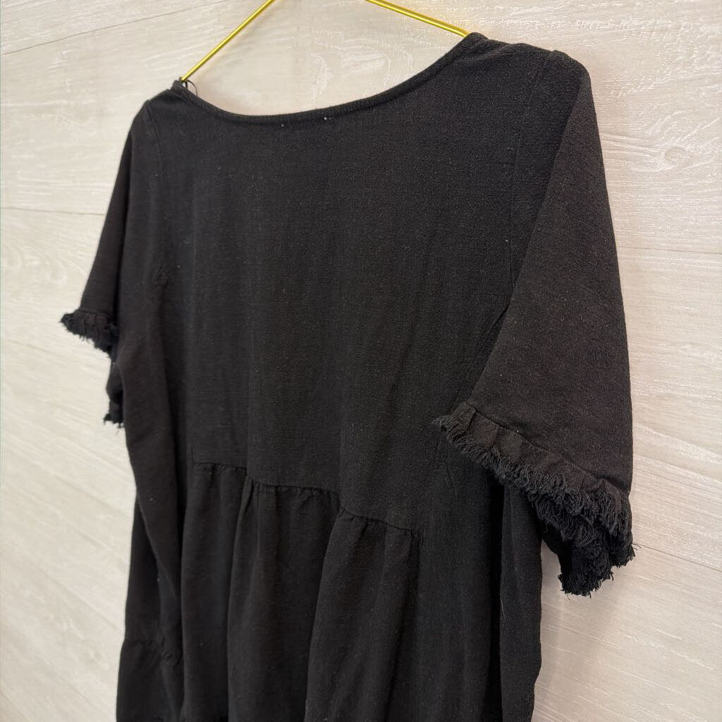 Umgee Black Frayed Edge Short Sleeve Top Extra Large
