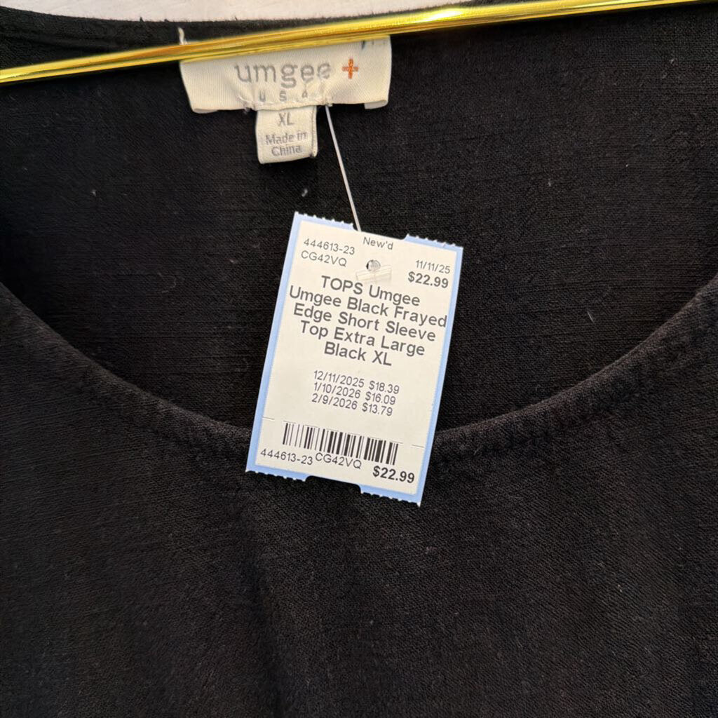 Umgee Black Frayed Edge Short Sleeve Top Extra Large