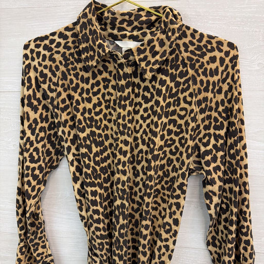 H&M Brown/ Black Leopard Print Long Sleeve Button Front Tie Waist Midi Dress Medium