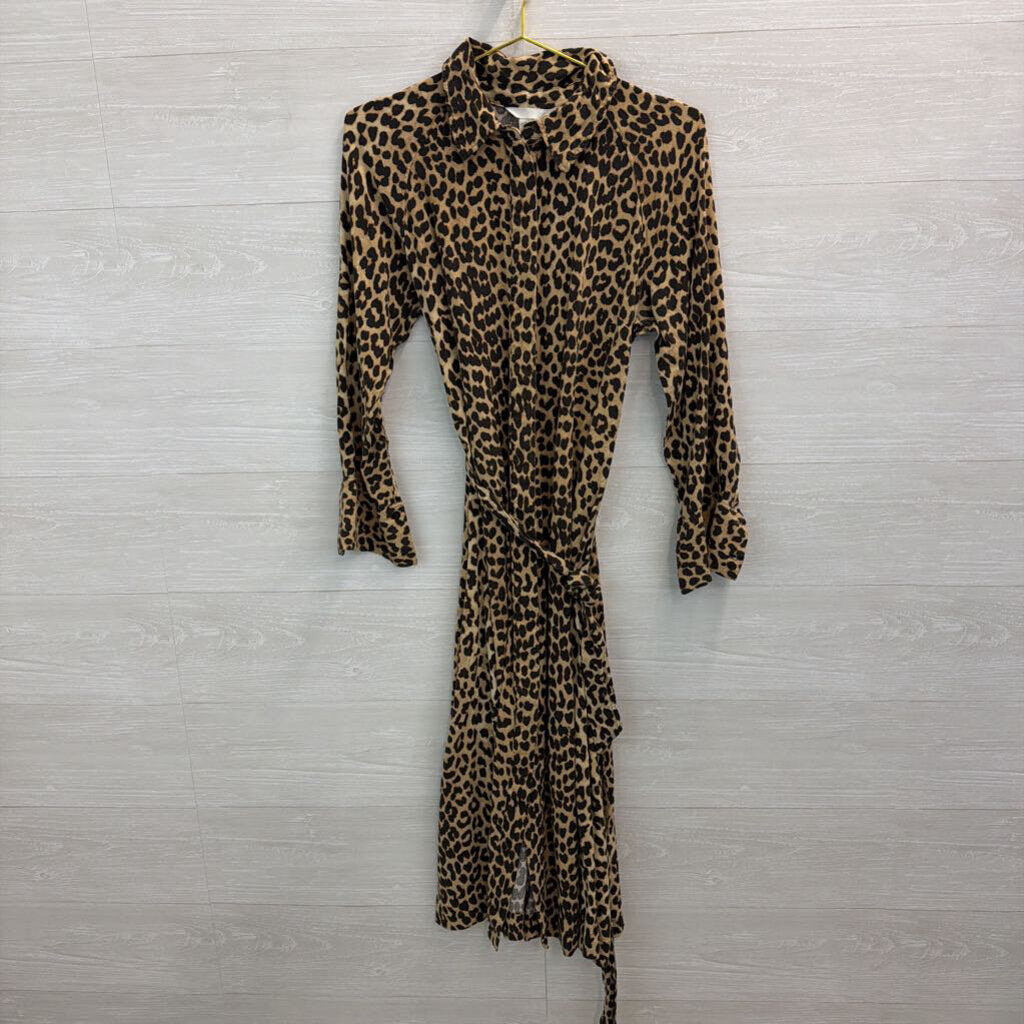 H&M Brown/ Black Leopard Print Long Sleeve Button Front Tie Waist Midi Dress Medium