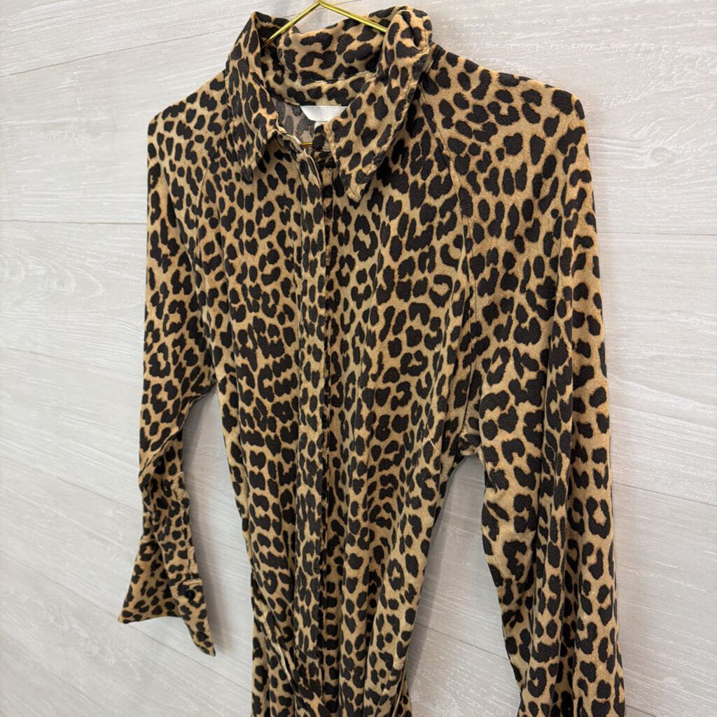 H&M Brown/ Black Leopard Print Long Sleeve Button Front Tie Waist Midi Dress Medium