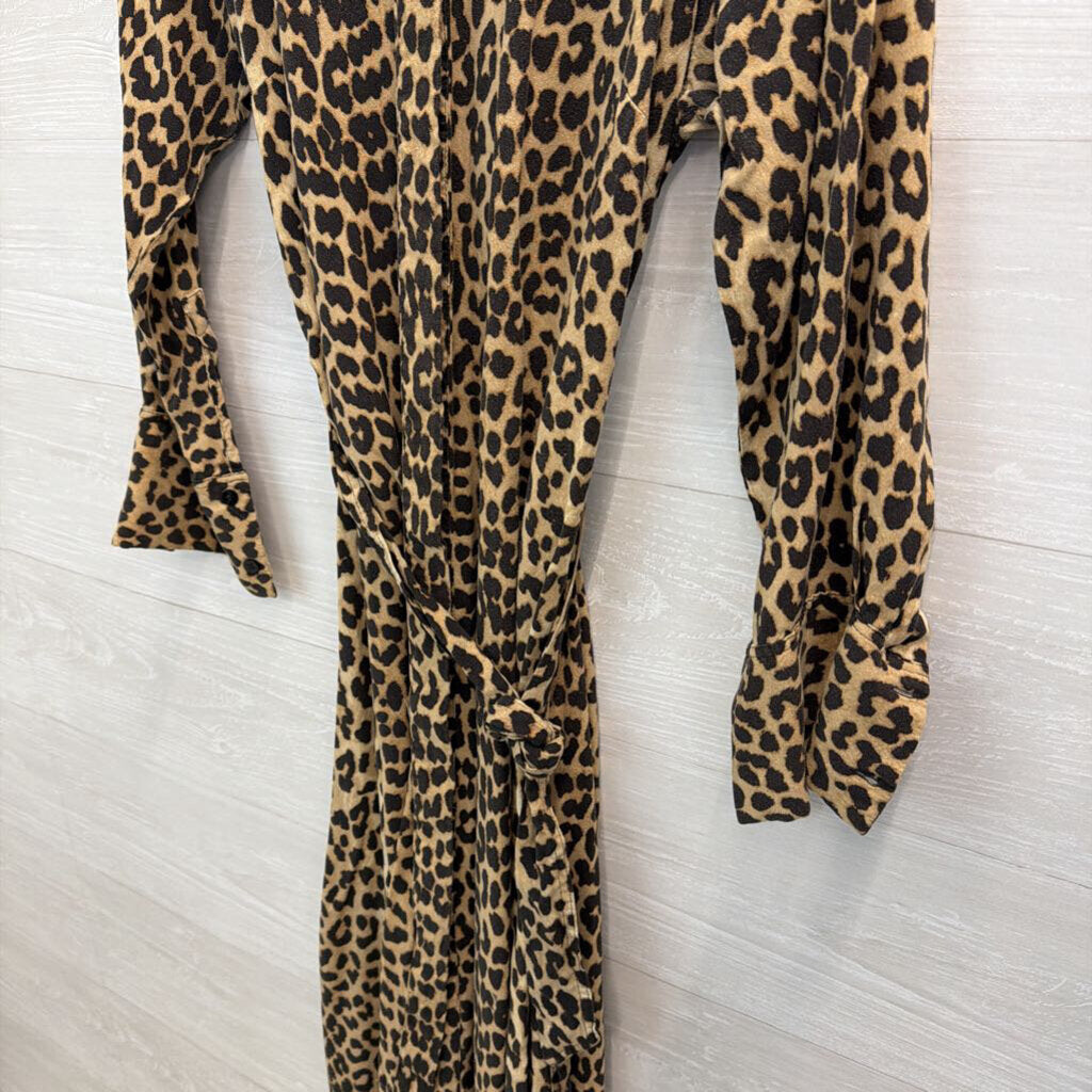 H&M Brown/ Black Leopard Print Long Sleeve Button Front Tie Waist Midi Dress Medium