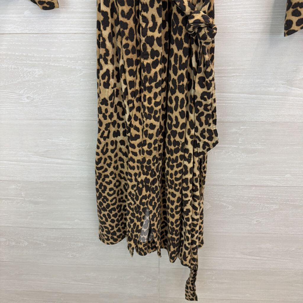 H&M Brown/ Black Leopard Print Long Sleeve Button Front Tie Waist Midi Dress Medium