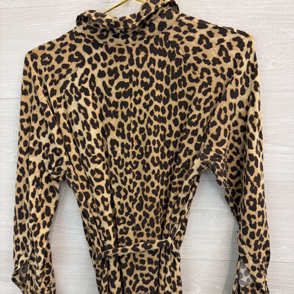 H&M Brown/ Black Leopard Print Long Sleeve Button Front Tie Waist Midi Dress Medium