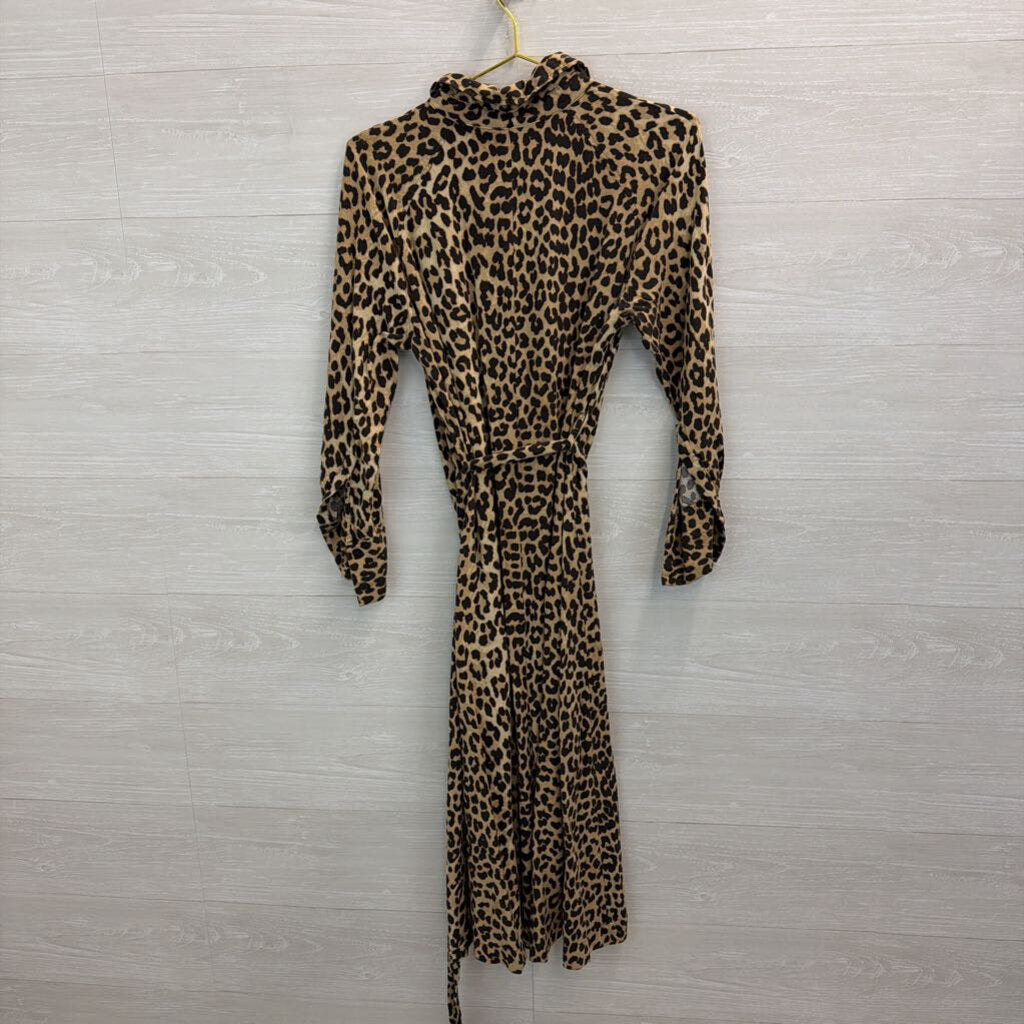 H&M Brown/ Black Leopard Print Long Sleeve Button Front Tie Waist Midi Dress Medium
