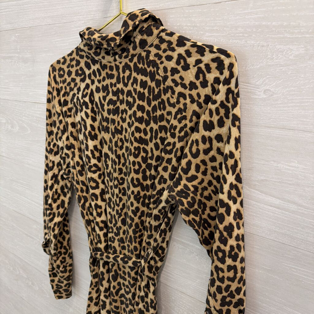 H&M Brown/ Black Leopard Print Long Sleeve Button Front Tie Waist Midi Dress Medium