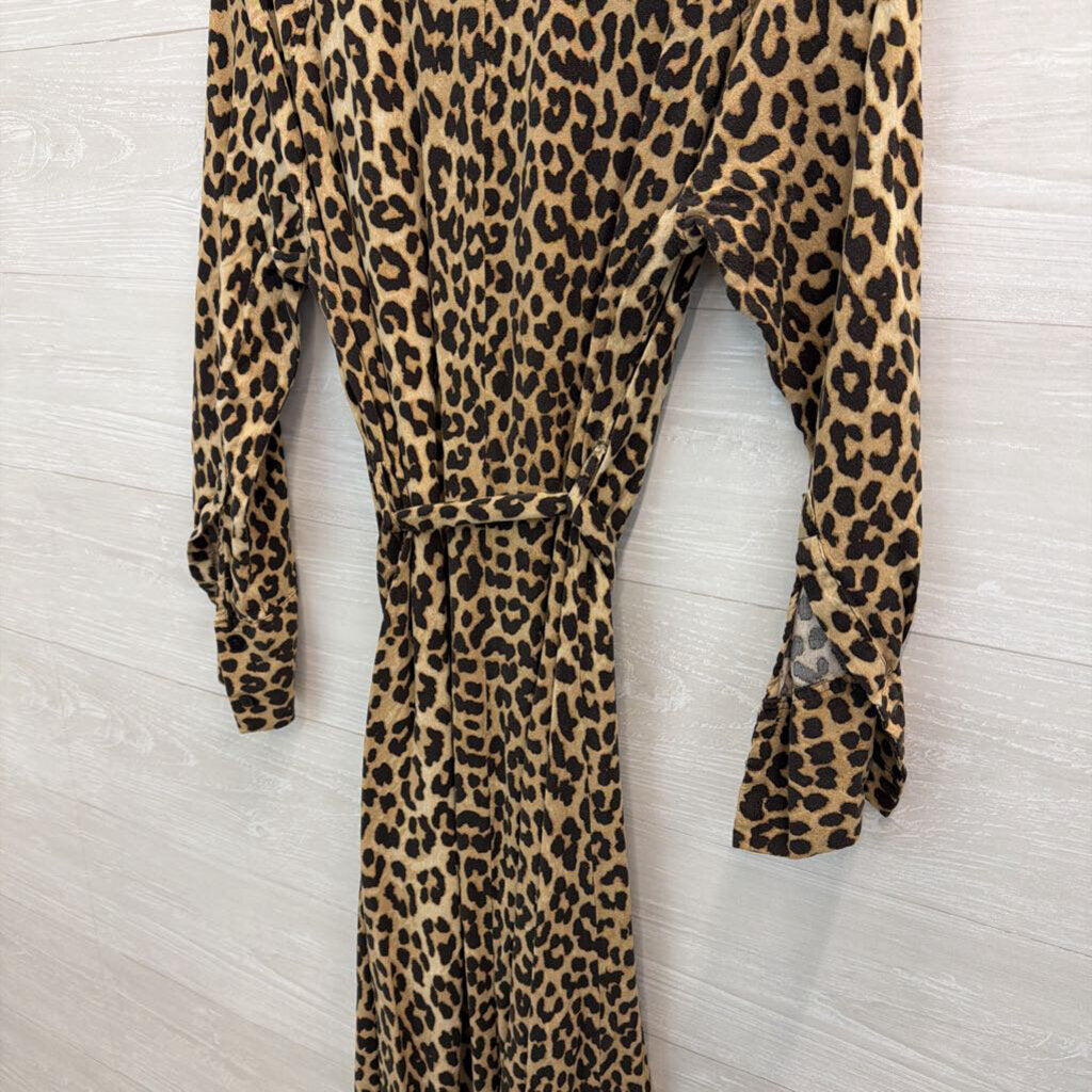 H&M Brown/ Black Leopard Print Long Sleeve Button Front Tie Waist Midi Dress Medium