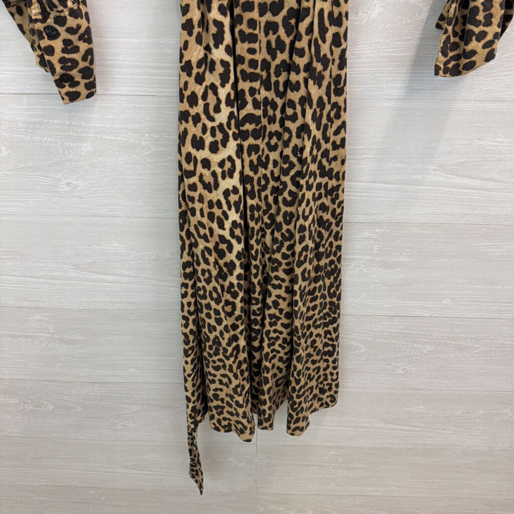 H&M Brown/ Black Leopard Print Long Sleeve Button Front Tie Waist Midi Dress Medium
