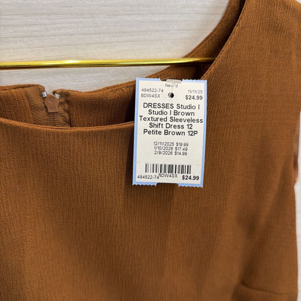 Studio I Brown Textured Sleeveless Shift Dress 12 Petite