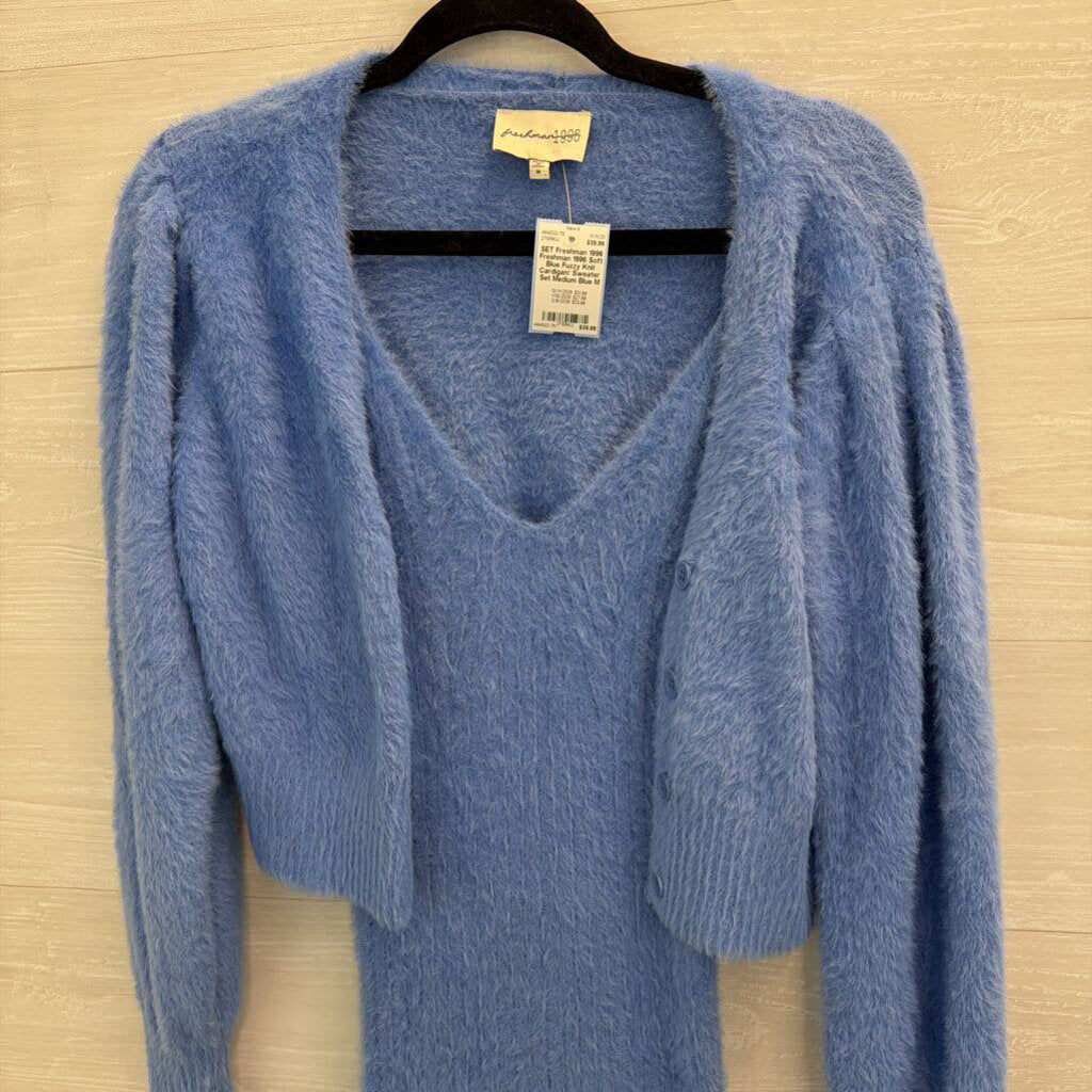 Freshman 1996 Soft Blue Fuzzy Knit Cardigan/ Sweater Set Medium