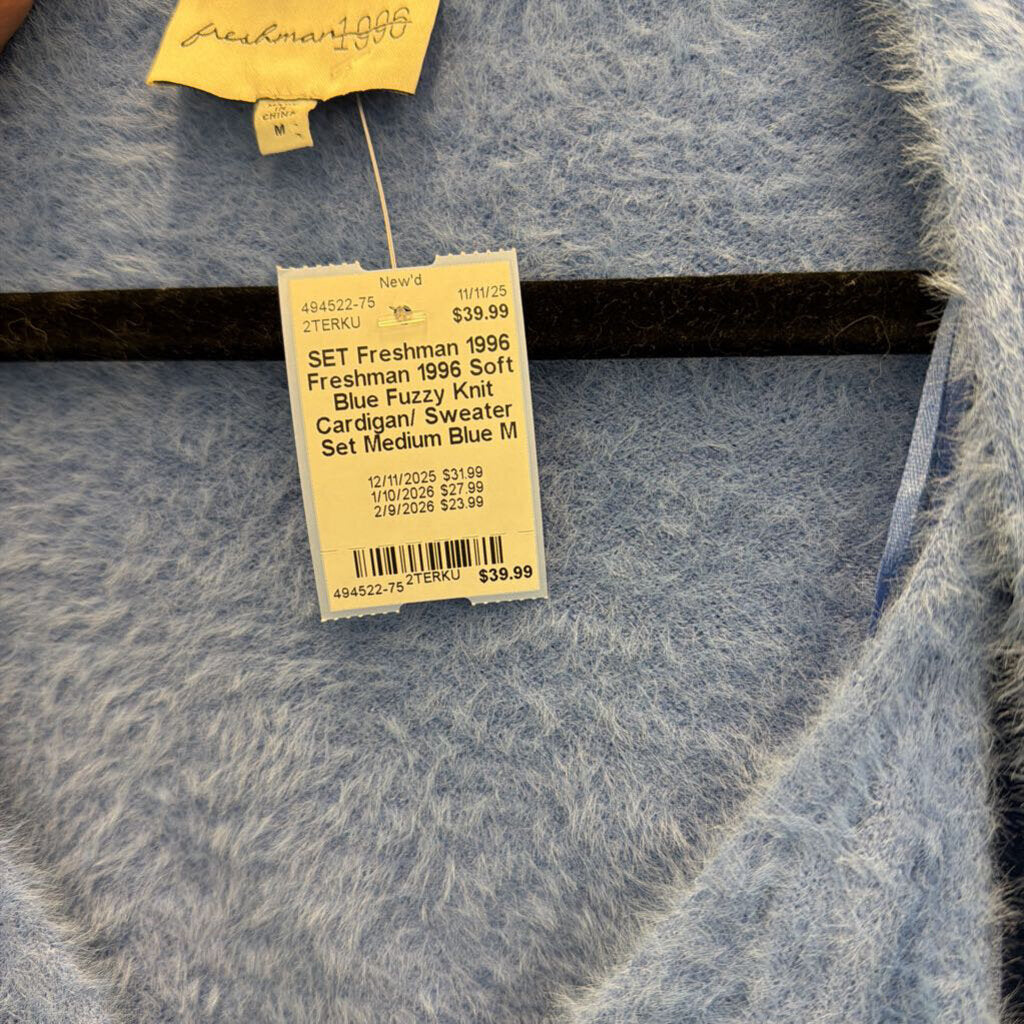 Freshman 1996 Soft Blue Fuzzy Knit Cardigan/ Sweater Set Medium