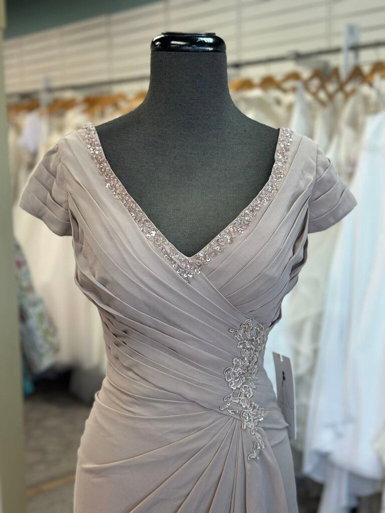 Champagne Ruched Cap Sleeve Long Chiffon Dress Medium