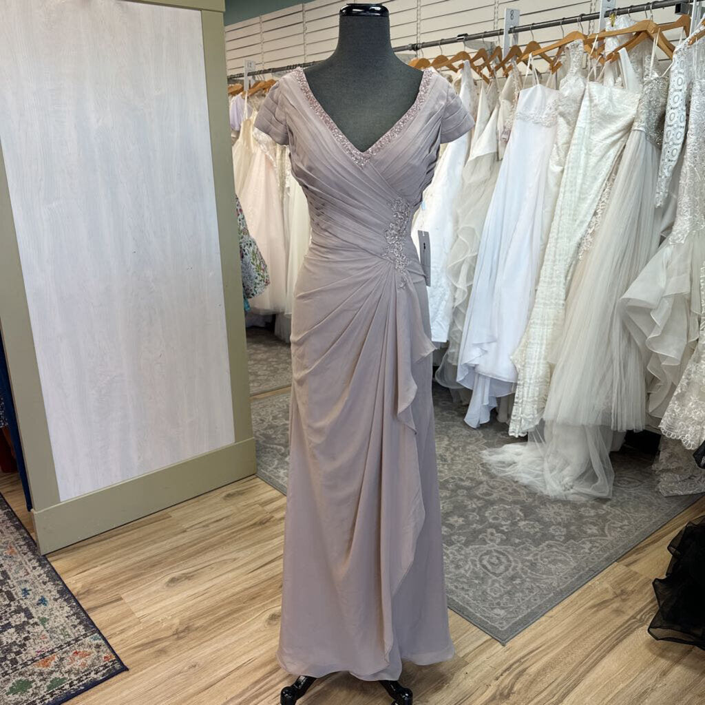 Champagne Ruched Cap Sleeve Long Chiffon Dress Medium