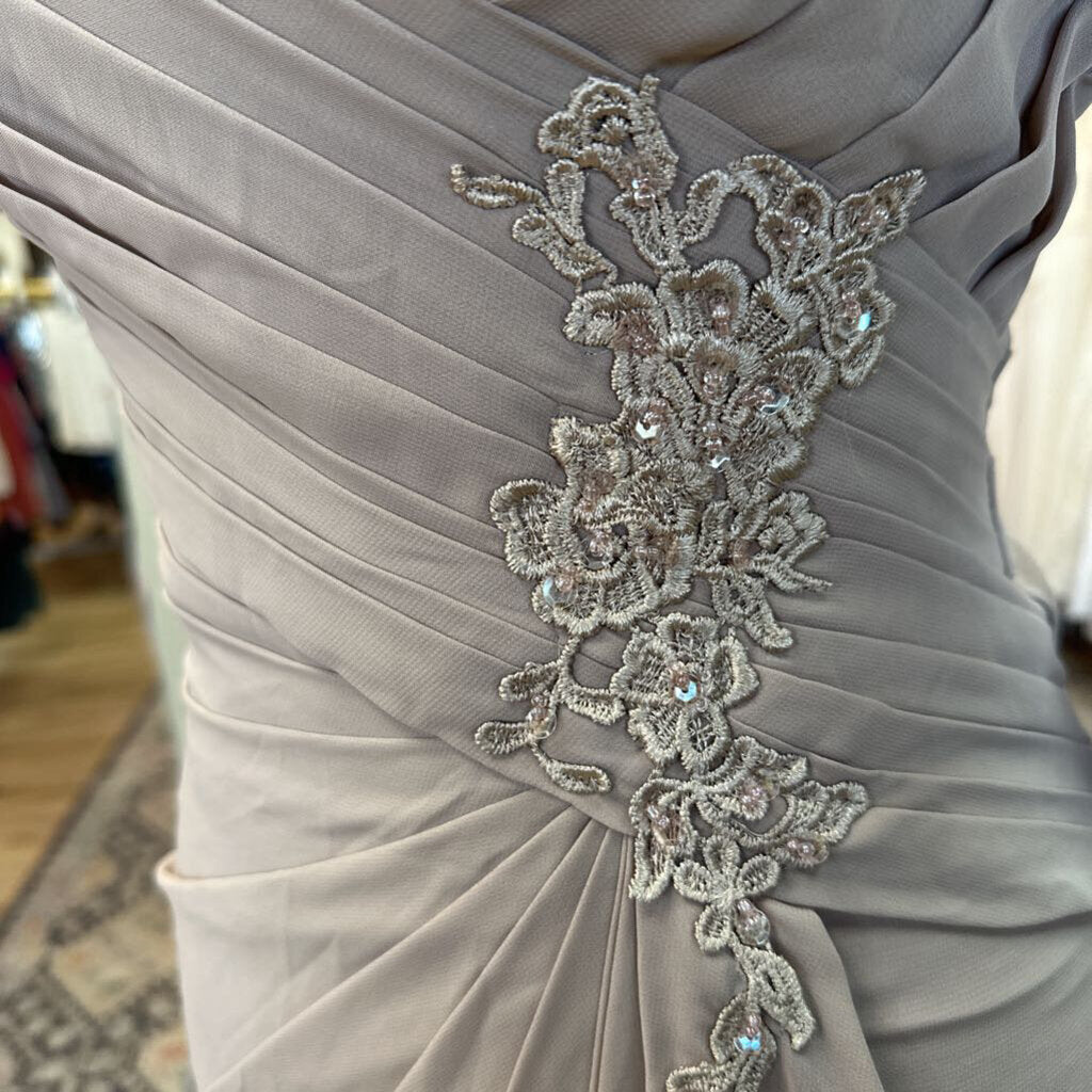 Champagne Ruched Cap Sleeve Long Chiffon Dress Medium