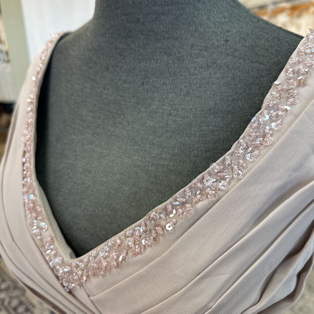 Champagne Ruched Cap Sleeve Long Chiffon Dress Medium