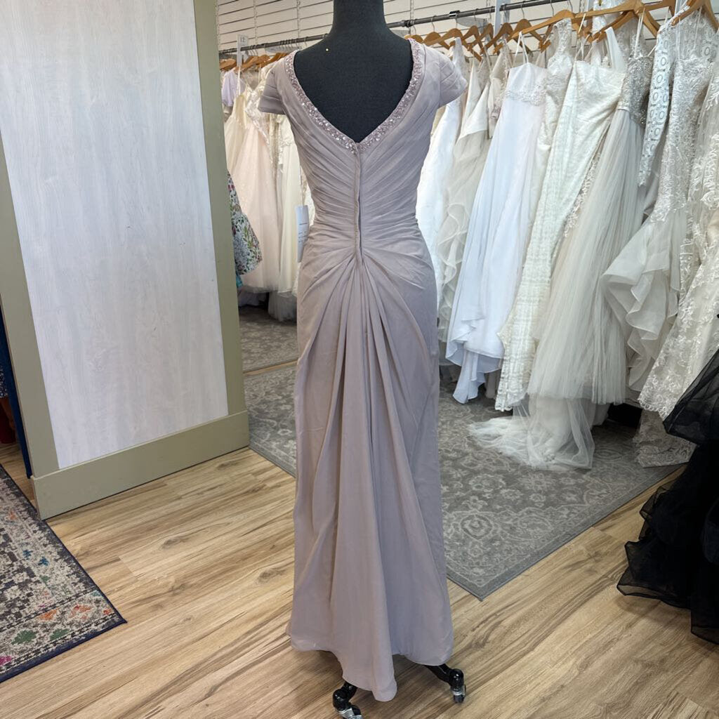 Champagne Ruched Cap Sleeve Long Chiffon Dress Medium