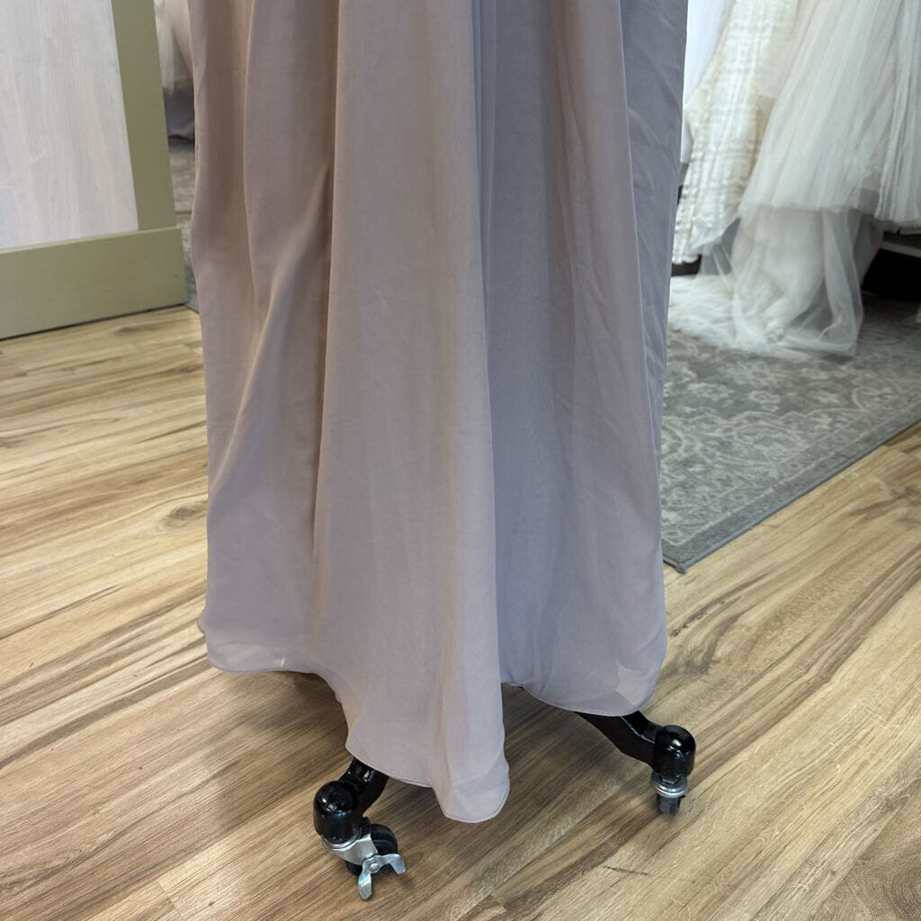 Champagne Ruched Cap Sleeve Long Chiffon Dress Medium