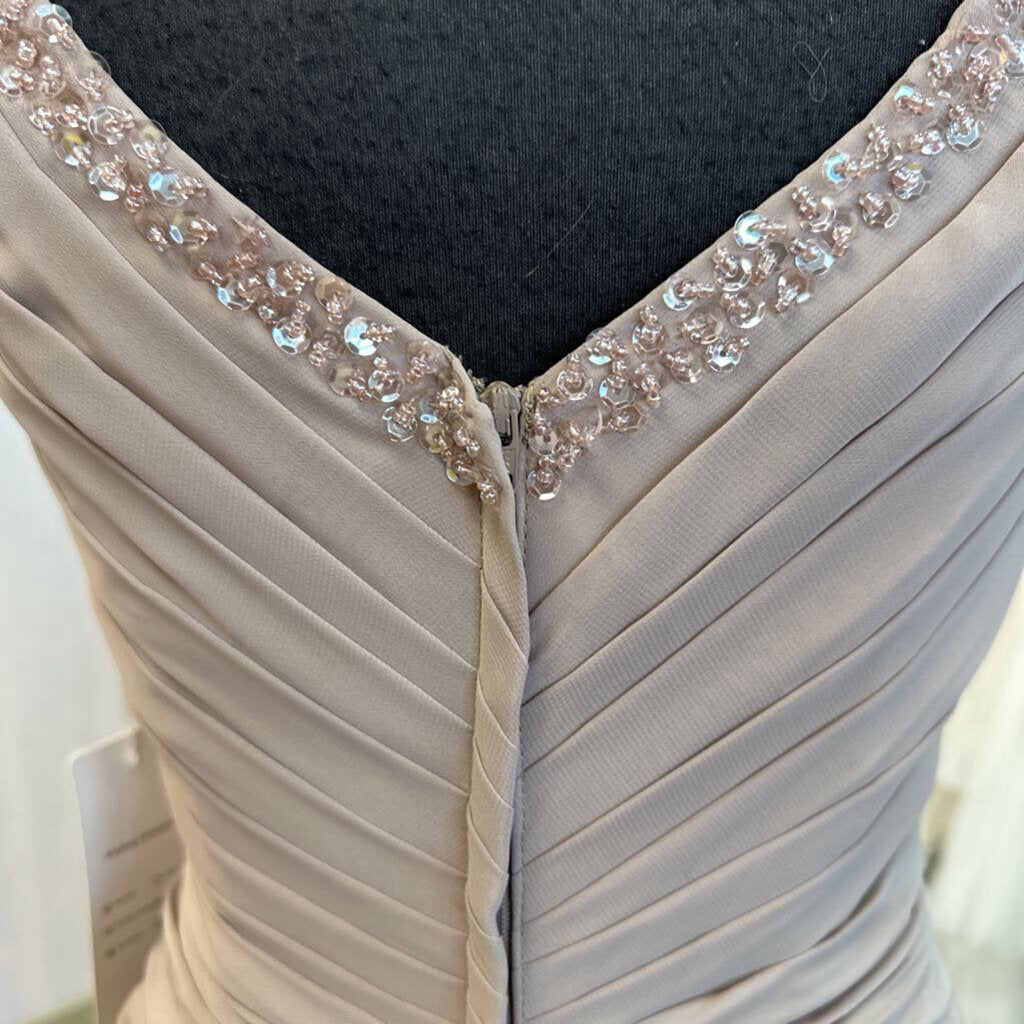 Champagne Ruched Cap Sleeve Long Chiffon Dress Medium