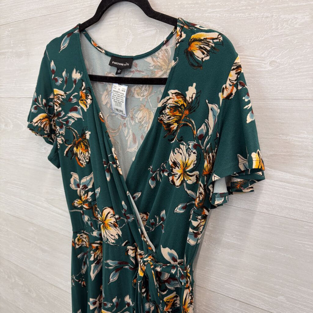 Fortune and Ivy Green/ Multi Print Short Sleeve Faux Wrap Dress Large