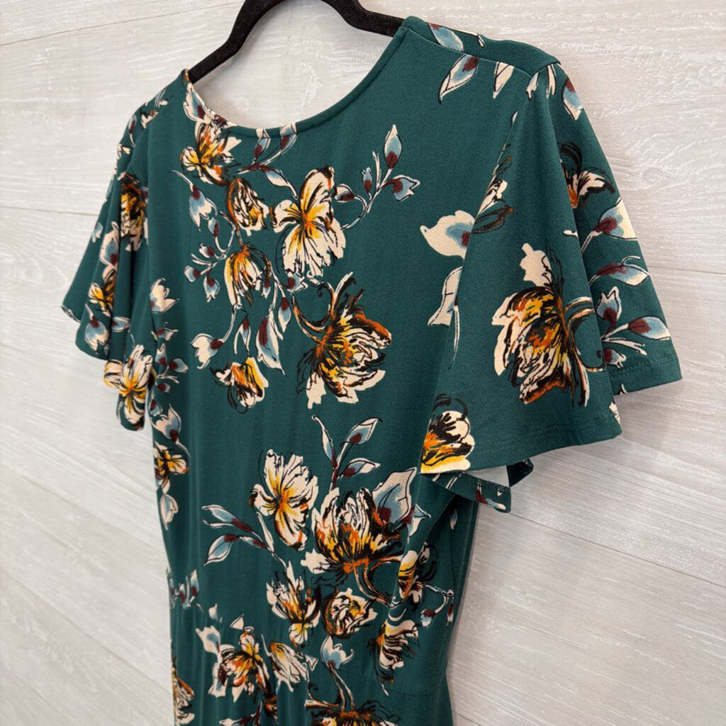 Fortune and Ivy Green/ Multi Print Short Sleeve Faux Wrap Dress Large