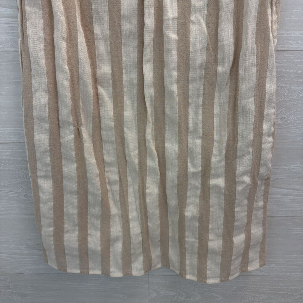 L Love Beige/ Cream Striped Embroidered Short Sleeve Dress Large