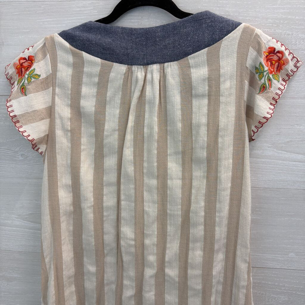 L Love Beige/ Cream Striped Embroidered Short Sleeve Dress Large
