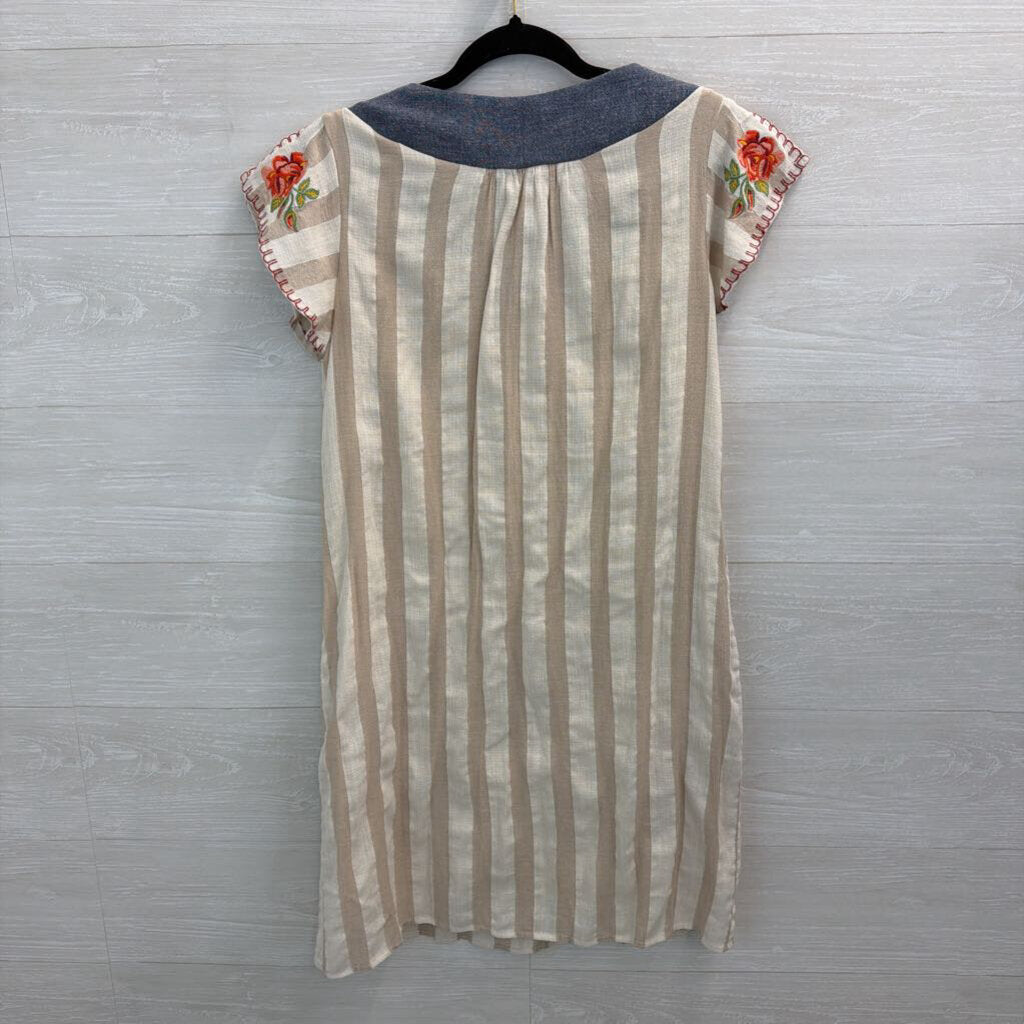 L Love Beige/ Cream Striped Embroidered Short Sleeve Dress Large