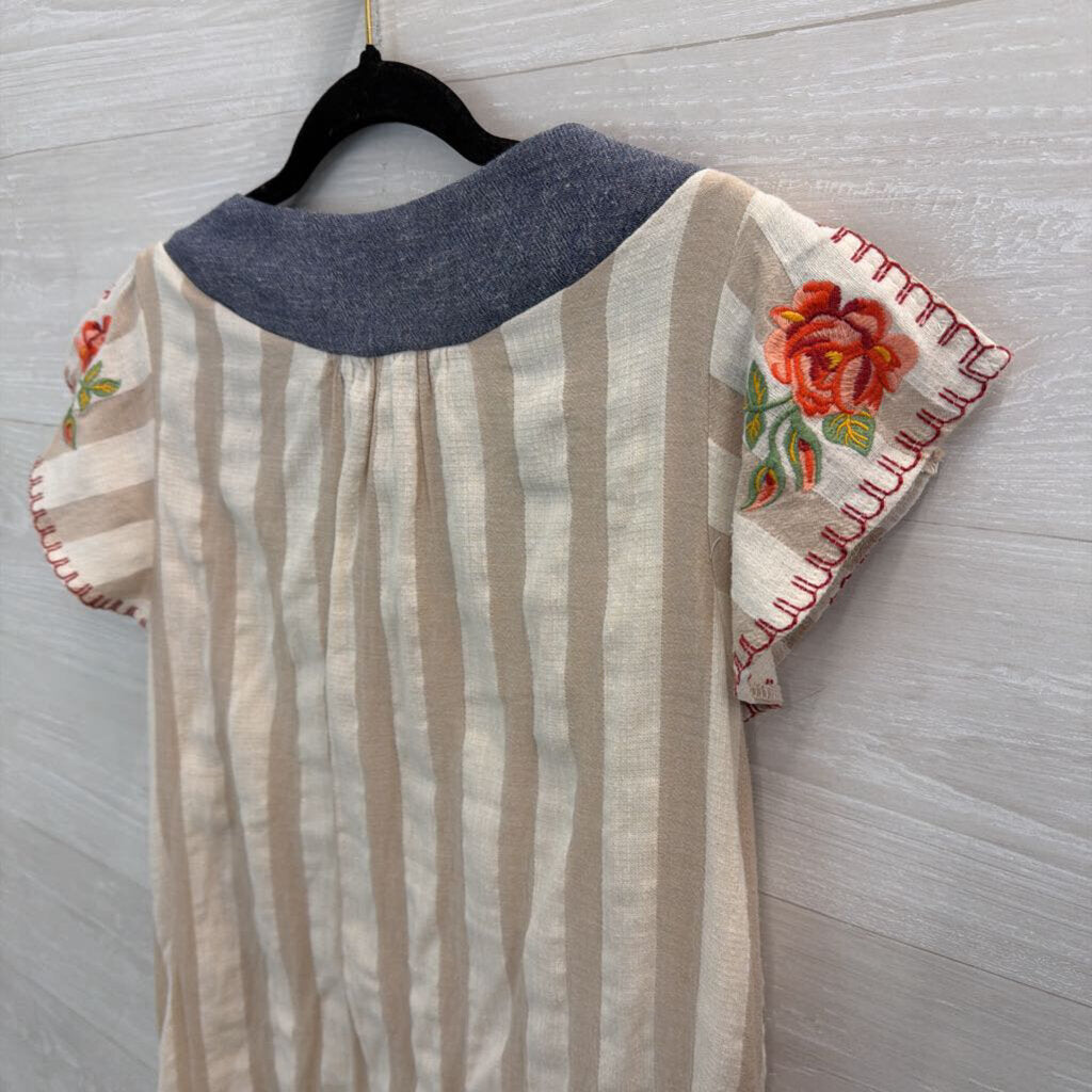 L Love Beige/ Cream Striped Embroidered Short Sleeve Dress Large