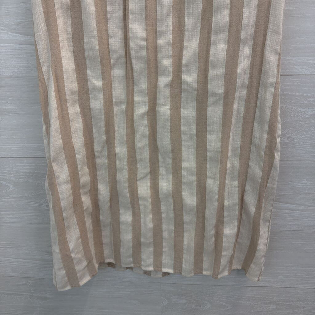 L Love Beige/ Cream Striped Embroidered Short Sleeve Dress Large