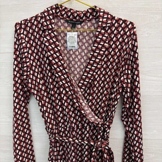 41 Hawthorn Brown/ White Print Long Sleeve Faux Wrap Dress Large