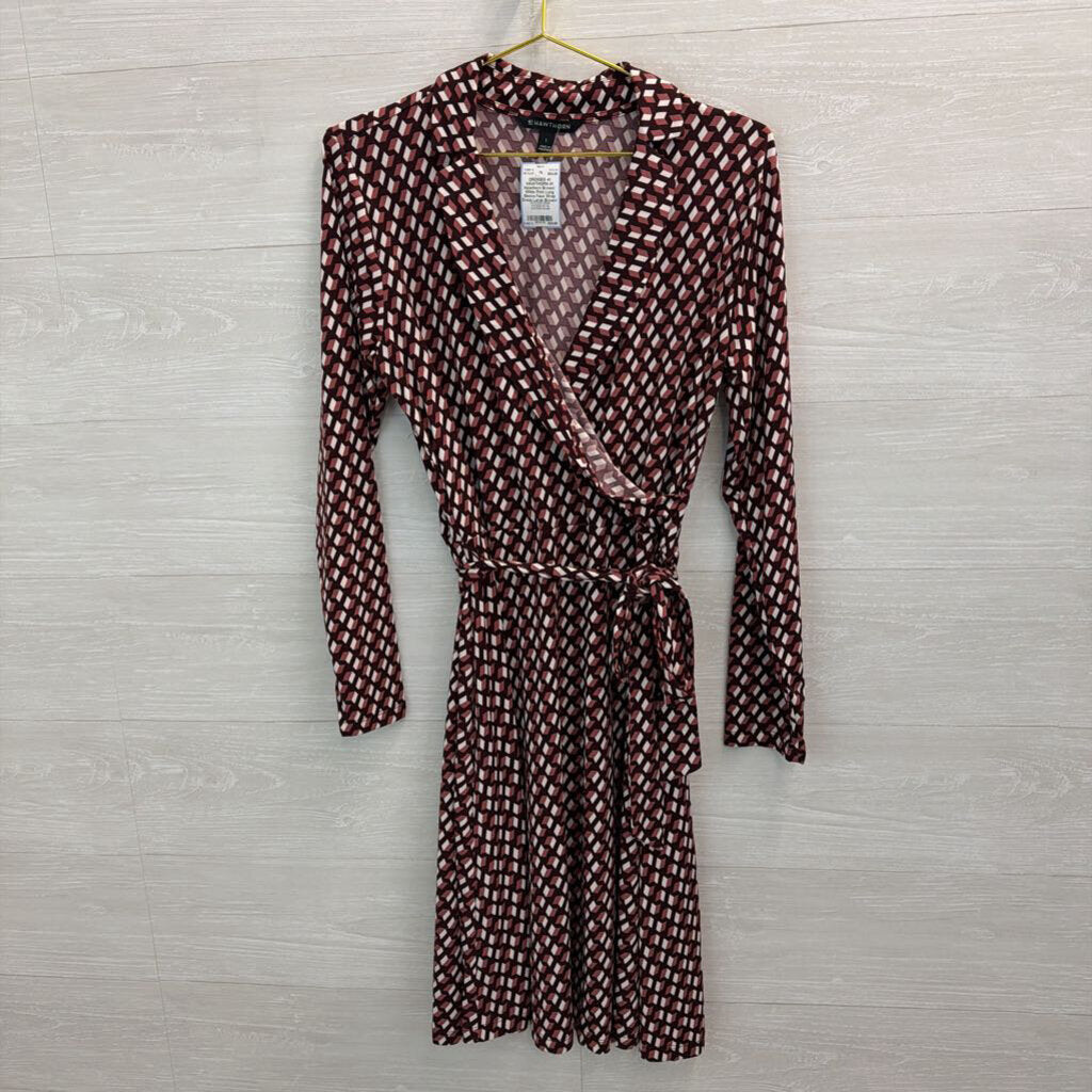 41 Hawthorn Brown/ White Print Long Sleeve Faux Wrap Dress Large