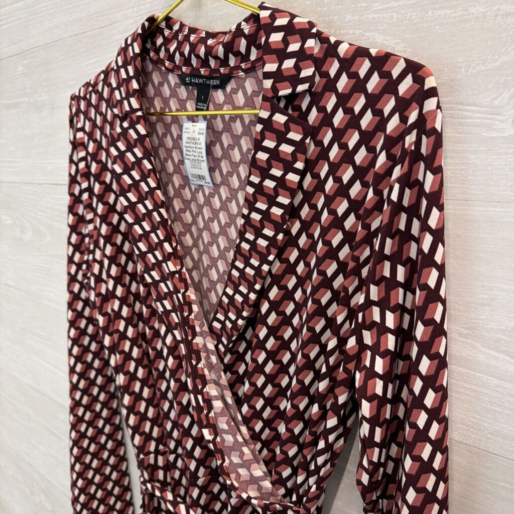 41 Hawthorn Brown/ White Print Long Sleeve Faux Wrap Dress Large