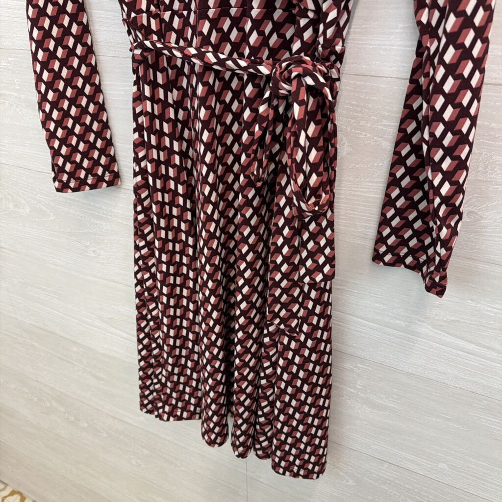 41 Hawthorn Brown/ White Print Long Sleeve Faux Wrap Dress Large