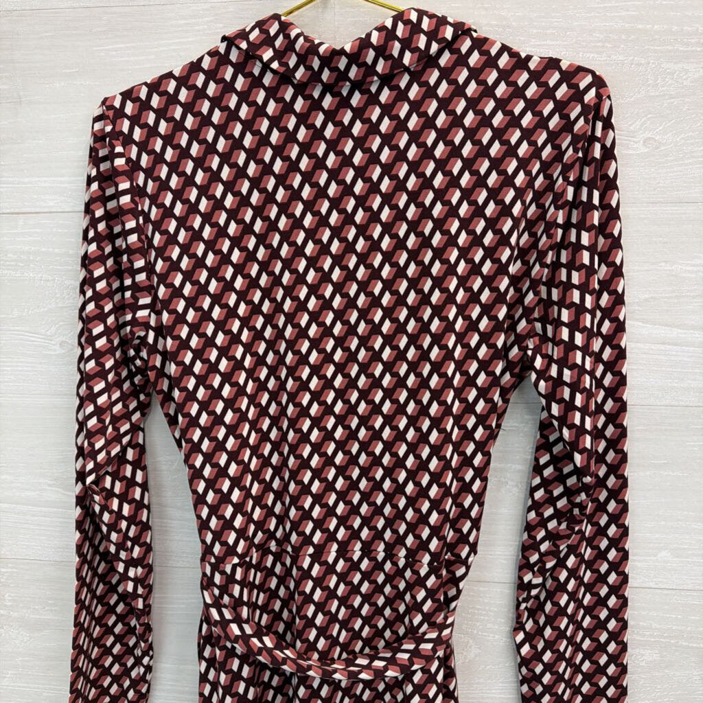 41 Hawthorn Brown/ White Print Long Sleeve Faux Wrap Dress Large