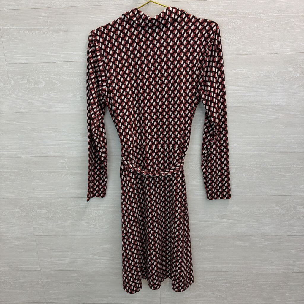 41 Hawthorn Brown/ White Print Long Sleeve Faux Wrap Dress Large