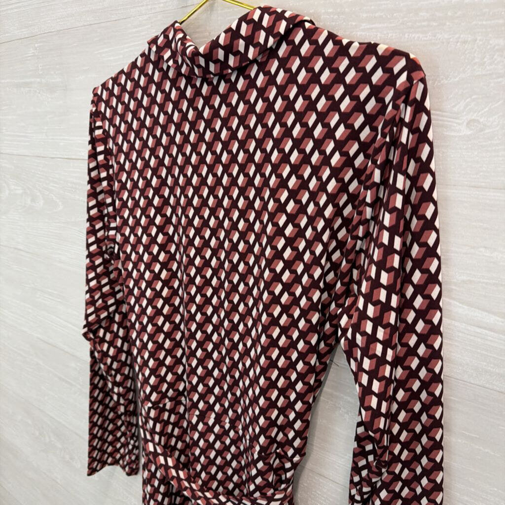 41 Hawthorn Brown/ White Print Long Sleeve Faux Wrap Dress Large